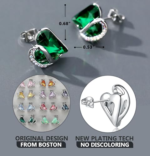 Infinity Love Heart Stud Earrings for Women, Birthstone and Healing Stone, Gifts for Mom, Wife, and Her, Silver Plated - color: 05-May-Emerald Green