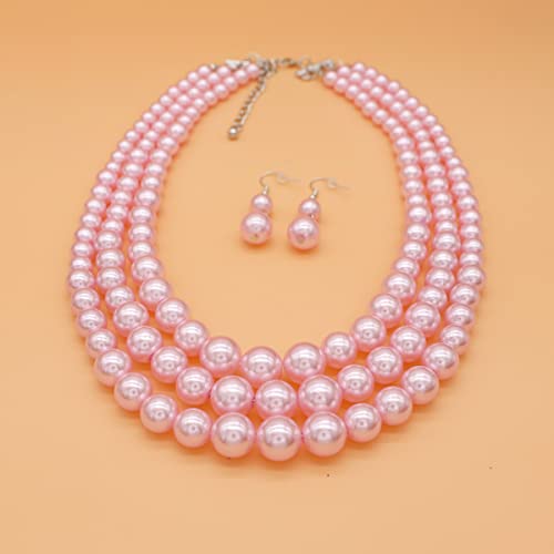 Chunky Layered Imitation Pearl Necklace for Women 3 strand Pearl Necklaces Faux Pearl Necklace Earrings Set 1920s Flapper Gatsby Costume Accessories - color: 3 strand pearl necklace Pink