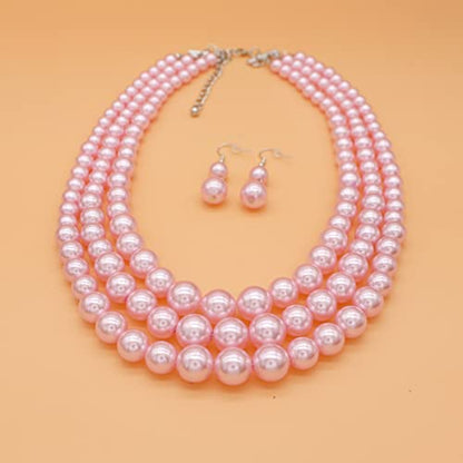 Chunky Layered Imitation Pearl Necklace for Women 3 strand Pearl Necklaces Faux Pearl Necklace Earrings Set 1920s Flapper Gatsby Costume Accessories - color: 3 strand pearl necklace Pink