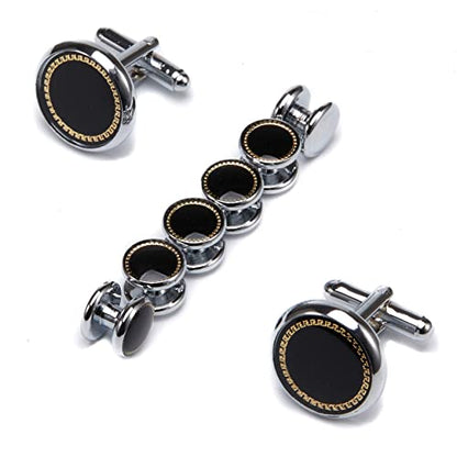 wynameleri Mens Cufflinks and Studs Set Blanks Round 4 Colors Shirt Tuxedo Buttons Packed in Cufflink Box for Business Wedding Jewelry - color: Black