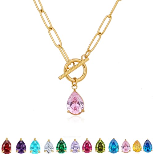 Teardrop CZ Pendant Paperclip Chain Necklace 18K Plated Paperclip Toggle Necklace Jewelry Birthstone Gift for Women - color: Pink Crystal-October