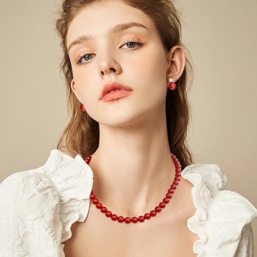 Pearl Necklaces for Women,8mm Pearl Necklace and Earring Bracelet Jewelry Set for Women Men Wedding Birthday Valentine Christmas Day Gifts - color: Red