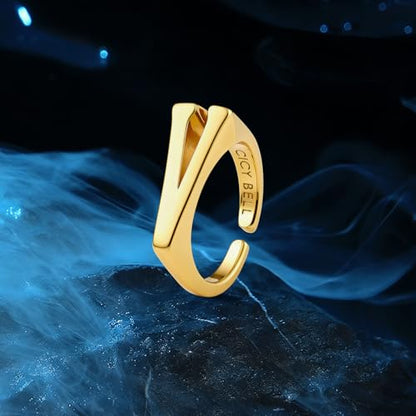 Cicy Bell Initial Rings for Women 18k Gold Plated Adjustable Rings | Open Signet Rings, Bold Letter, Personalized Engraved, For Party - color: Initial-V