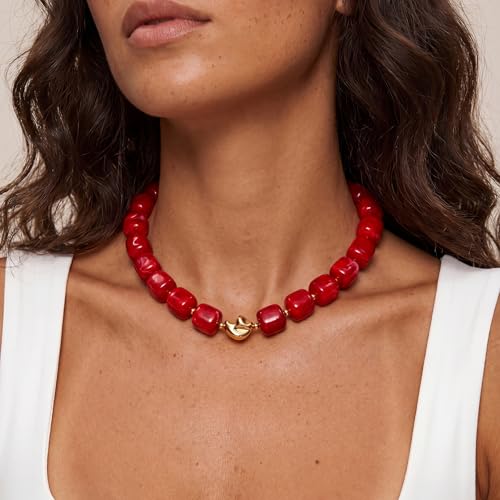 Beaded Necklaces for Women Boho Chunky Necklace Statement Big Resin Bead Choker Fashion Summer Beach Jewelry - color: Red