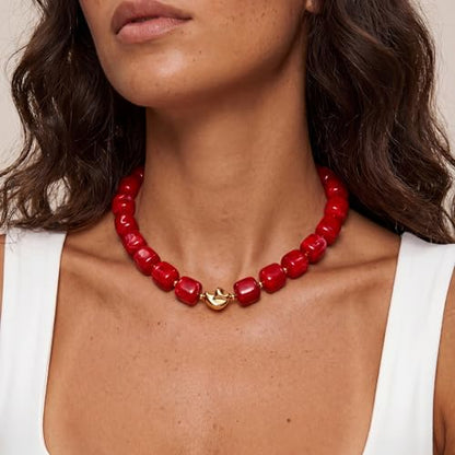 Beaded Necklaces for Women Boho Chunky Necklace Statement Big Resin Bead Choker Fashion Summer Beach Jewelry - color: Red