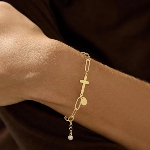 Gold Bracelets for Women,14K Gold-Plated Dainty A-Z Letter Cross Initial Bracelet for Women, Hypoallergenic Paperclip Chain Bracelets Fashion Accessories Religious Christian Gift - color: K
