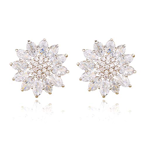 Crystal Flower Burst Stud Earirings - Big Sterling Silver CZ Cubic Zirconia Rhinestone Daisy Sunflower Floral Cluster Studs Bridal Wedding Party Prom Costume Jewelry for Bride Bridesmaids Women Birthstone Birthday Gift - color: Silver