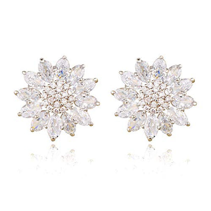 Crystal Flower Burst Stud Earirings - Big Sterling Silver CZ Cubic Zirconia Rhinestone Daisy Sunflower Floral Cluster Studs Bridal Wedding Party Prom Costume Jewelry for Bride Bridesmaids Women Birthstone Birthday Gift - color: Silver