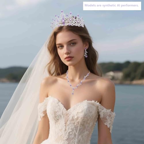 Kamirola Tiaras and Crowns for Women,Tiaras Earrings Necklace, Crystal Bridal Jewelry Set (TR48) - color: Silver Purple