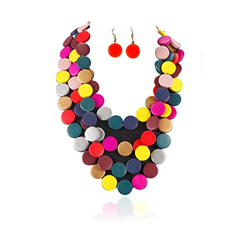 Colorful Beaded Necklace for Women,Chunky Wooden Bib Choker Necklace,Statement African Jewelry Multicolor Maroon Blue Fashion Collar Necklace - color: colorful