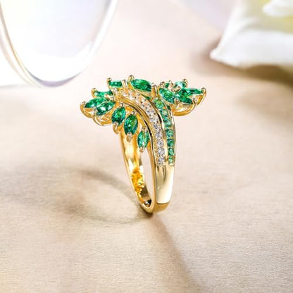 Statement Flower Ring Cocktail Leaf Ring Birthstone Anniversary Signet Ring | Hypoallergenic|14K Gold Plated|Sterling Silver Sparkling Engagement Promise Party Ring for Women, Size 6 to 10(With Box) - color: Leaf - Emerald