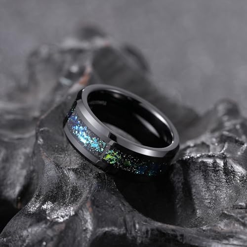 King Will Mens Wedding Band with Foils Inlay, Black/Silver/Gold Beveled Edge Glowstone Ring, 6mm/8mm Tungsten Carbide Rings Comfort Fit - color: Black&Teal-8mm