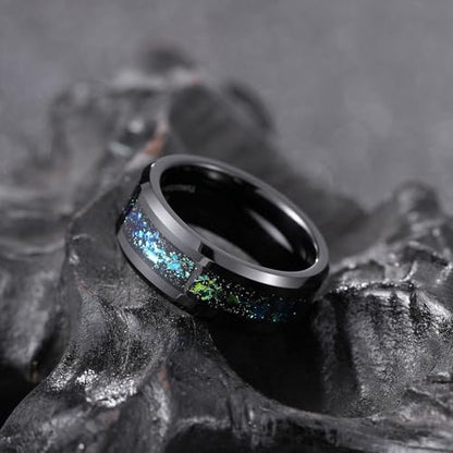 King Will Mens Wedding Band with Foils Inlay, Black/Silver/Gold Beveled Edge Glowstone Ring, 6mm/8mm Tungsten Carbide Rings Comfort Fit - color: Black&Teal-8mm