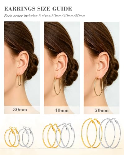 4 Pairs Silver Hoop Earrings for Women 30/40/50/60mm | Hypoallergenic, Stainless Steel, Big Thin Lightweight, Dangle Set - color: 6 Pairs Silver/Gold-30/40/50mm