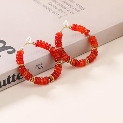 Wellike Beaded Hoop Earrings for Women Natural Stone Pink Gold Huggie Earrings Hypoallergenic Dainty Waterproof Trendy Jewelry - color: Red, size: 40mm