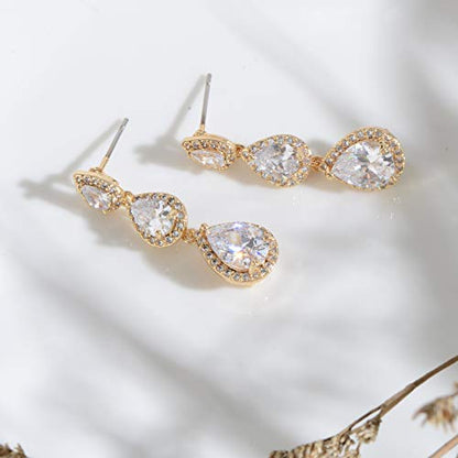 Women's Cubic Zirconia Bridal Earrings - Elegant Long Wedding Party Prom Earring for Bride Bridesmaids Crystal CZ Rhinestone Chandelier Statement Dangle Drop Earrings for Women - color: Gold