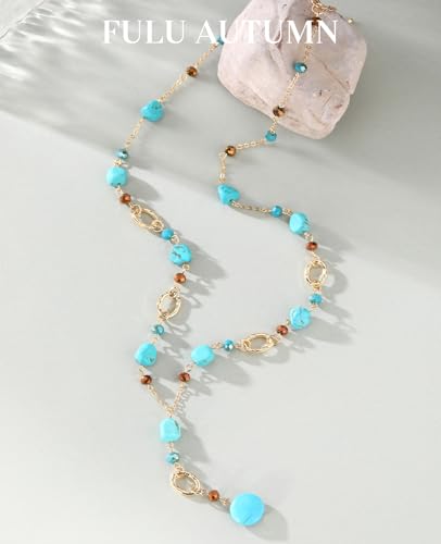 FULU AUTUMN Long Gold Beaded Necklaces for Women Natural Stone Bead Statement Pendant Necklace Y Sweater Chain Fashion Jewelry Gifts - color: Turquoise