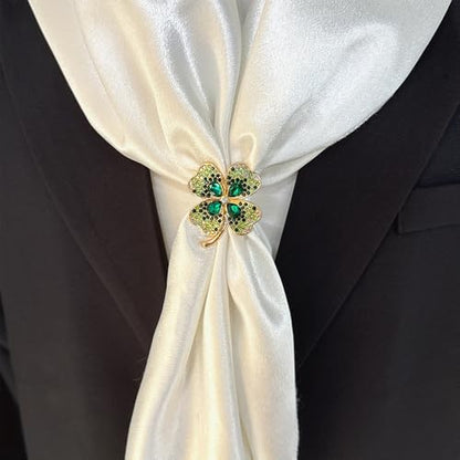 Rhinestone Green Four Leaf Clover Silk Scarf Ring Clip for Women Gold-Tone Dainty Crystal Flower Scarf Slide Buckle Holder Clasp Lucky Decor Dress Accessories St Patrick's Day Holiday Jewelry