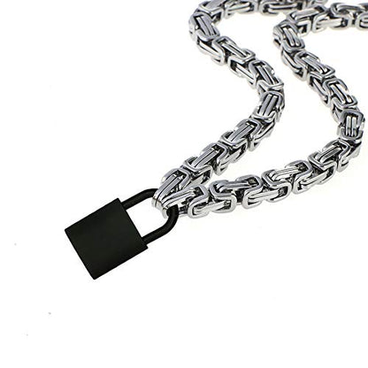 Heart Padlock Collar Stainless Steel Lock Necklace Byzantine Chain Necklace Locking Collar Choker for Men Women Jewelry - style: D