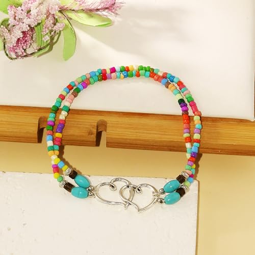 Elastic Beaded Ankle Bracelets for Women Double Heart Layered Stretch Ankle Bracelets Waterproof Dainty Boho Beaded Anklets for Summer Beach Foot Jewelry - color: Colorful Silver