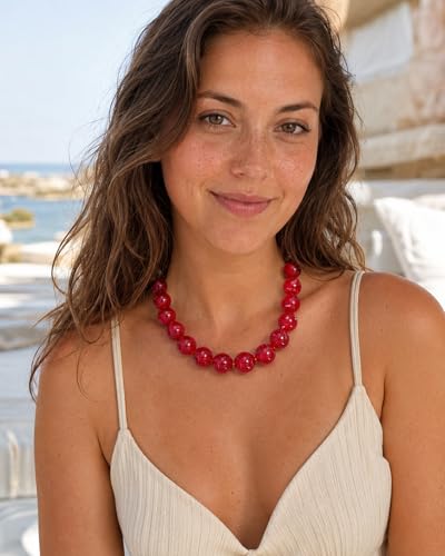 Colorful Chunky Beaded Necklaces for Women Trendy Large Bead Statement Necklace Boho Resin Bead Choker Summer Beach Jewelry Gifts Accessories - color: Red