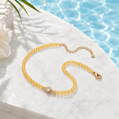 Raicegs Anklets for Women Handmade Beach Boho Ankle Bracelet 3mm Natural Stone Beaded Ankle Bracelet 14K Gold Plated Zircon Pendant Adjustable Crystal Gemstone Anklet Jewelry Gift for Her - color: Citrine