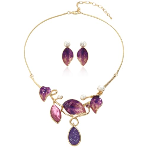 Vintage Statement Jewelry Set - Chunky Flower Floral Plant Geometric Resin Bib Necklace Earring Set Bohemian Boho Crystal Rhinestone Fashion Jewelry for Women Bridal Party Prom Unique Gift - style: MLJS2609-Purple