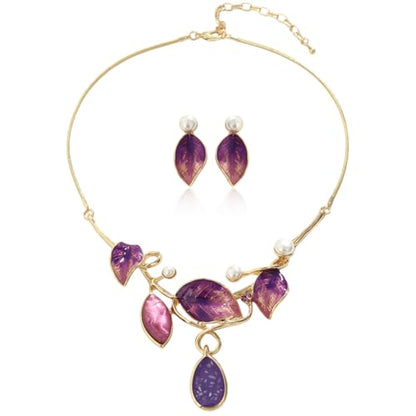 Vintage Statement Jewelry Set - Chunky Flower Floral Plant Geometric Resin Bib Necklace Earring Set Bohemian Boho Crystal Rhinestone Fashion Jewelry for Women Bridal Party Prom Unique Gift - style: MLJS2609-Purple