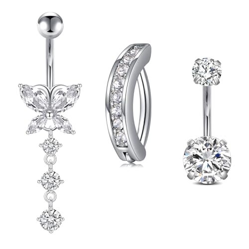 Mayhoop 14G Belly Button Rings 316L Surgical Stainless Steel Dangle Clicker Belly Ring Dangling Piercing Jewelry With Heart Flower Butterfly Silver Gold Tone For Women - color: 3pcs-silver