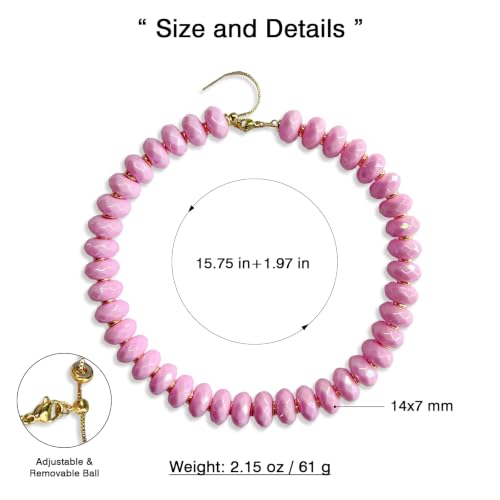 Colorful Chunky Acrylic Beaded Choker Necklaces for Women | Multicolor Faceted Beads, Sturdy Metal Chain, Adjustable Detachable, Lightweight, Summer Boho, Sparkly Statement Jewelry Gift - color: Pink