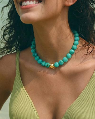 Chunky Beaded Necklace for Women Boho Statement Bead Necklace | Adjustable, Lightweight Choker, Round/Oval/Pebble Beads, Trendy Summer Beach Jewelry - color: Turquoise