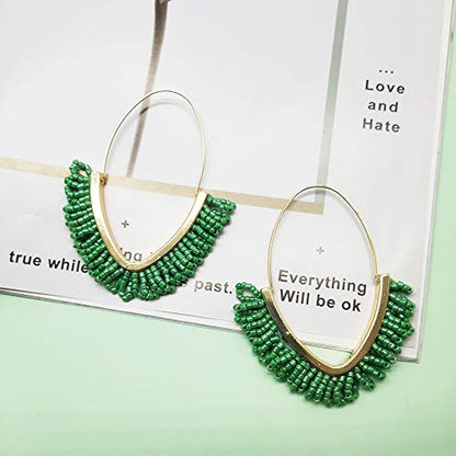 V-Shaped Beaded Dangle Earrings - Statement Drop Fringe Earrings, Boho Handmade Tassel Jewelry Gift for Women - color: Green