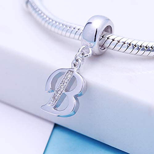 925 Sterling Silver Charms Alphabet Beads fit Pandora Charm Bracelets A-Z Letter Initial Spacer Dangle Clear CZ Stone Authentic for Snake Chain Bracelets - color: B