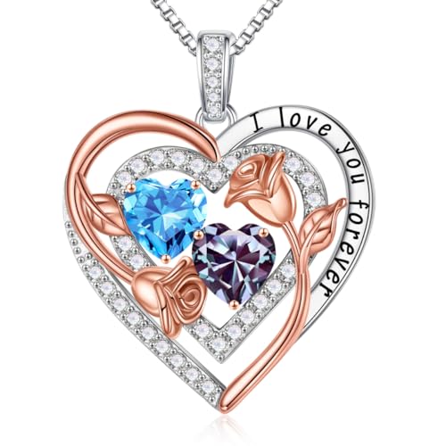 Iefil Heart Birthstone Necklace for Women - Double Birthstone Jewelry | 925 Sterling Silver, Gift Box Packaging, Anniversary Birthday Gifts for Women Wife Mom - color: 03-06-Mar-Jun Birthstone