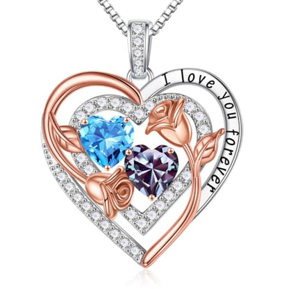 Iefil Heart Birthstone Necklace for Women - Double Birthstone Jewelry | 925 Sterling Silver, Gift Box Packaging, Anniversary Birthday Gifts for Women Wife Mom - color: 03-06-Mar-Jun Birthstone