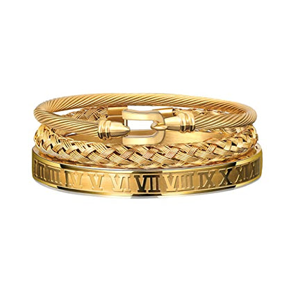 WFYOU 3PCS Stainless Steel Imperial Crown Bracelets for Men Gold Roman Numeral Bangle Bracelet Adjustable Cuff Bracelet Mens Luxury Jewelry Gifts - style: 07:Gold-Hook