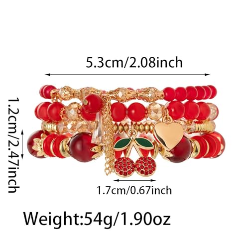 Red Cherry Beaded Bracelets Set for Women Stackable Layered Charm Bracelets Red Beaded Stretch Bracelet Cute Boho Statement Jewelry for Birthday Party Vacation Gift - color: 4PCS Set - Gold Cherry