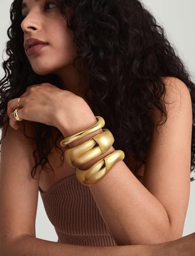 8YEARS Chunky Gold Bangle Bracelets for Women, 14k Gold Plated | Cuff Bangles, Stack Bracelet Set, Wide Trendy Fashion, Jewelry Gifts - color: D-Gold-3PCS
