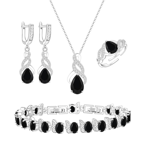 GZWHD Jewelry Set for Women CZ Earrings Necklace Ring Bracelet Set Prom Party Wedding Jewelry Gift for Mother Friend Wife - color: C-Black