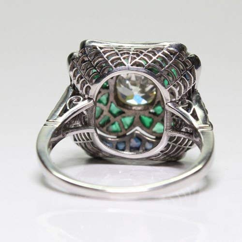 Yuren 925 Sterling Silver Vintage Emerald Ring Blue Sapphire White Topaz Ring Women Wedding Fashion Jewelry Size 6-10