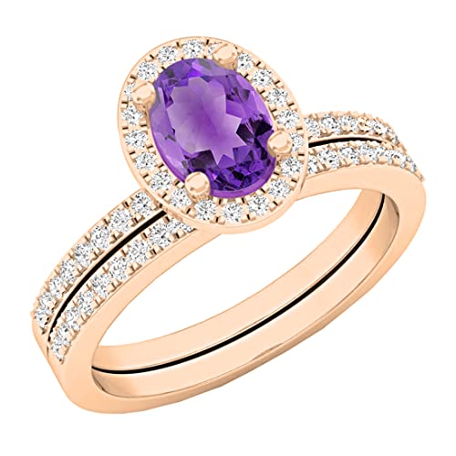 Dazzlingrock Oval Gemstone Halo Engagement Ring Set for Her | 0.44 Ctw | Color I-J, Clarity I1-I3 | Round White Diamond | 7x5mm Style Gold - color: Amethyst, size: 4.5, style: 10K Rose Gold