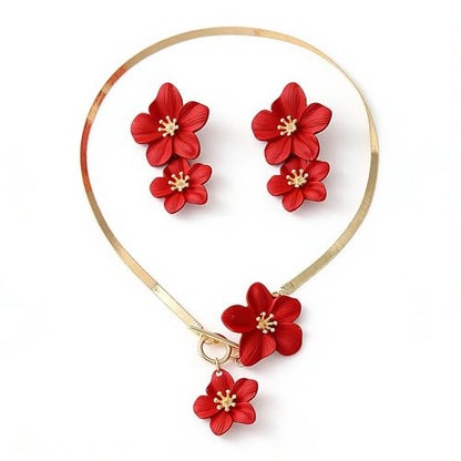 Colorful Flower Necklace Earrings Set for Women Gold Snake Chain Toggle Clasp Pendant Necklaces Dainty Double Flowers Statement Earrings Bridal Wedding Summer Beach Jewelry for Women - color: red