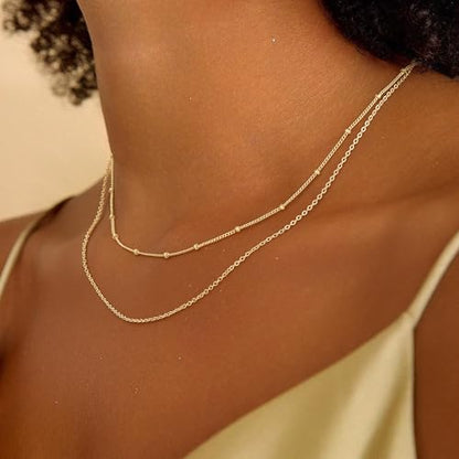 Turandoss Gold Layered Necklaces for Women Dainty 14K Gold Plated Chain Set | Stack Cuban Link Chain Necklace Personalized Lip Satellite Flat Curb Link Necklaces for Women Trendy Set - color: Link/Satellite Chain