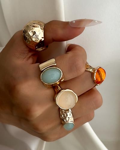 Chunky Gold Shell Starfish Ring Set for Women Trendy Gold Flower Scallop Seashell Starfish Gemstone Rings Adjustable Stacking Statement R-ings Non Tarnish Spring Summer Jewelry Accessories - color: A3:5 pcs