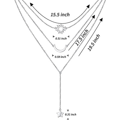 925 Sterling Silver Multilayer Layered Triple Long Chain Necklace for Women - style: Sun Moon Star