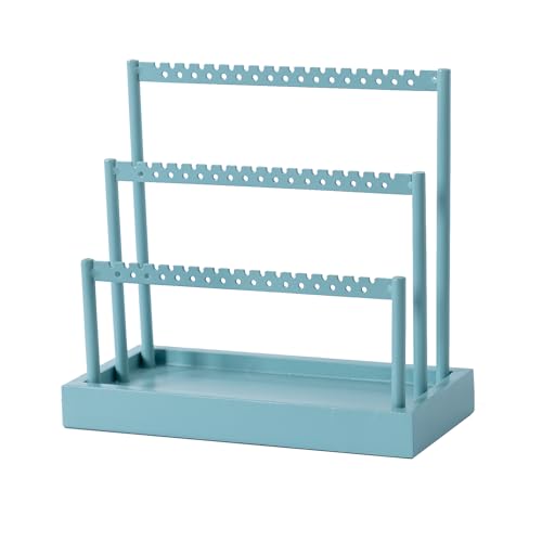 SANY DAYO HOME 3-Tier Earring Holder Organizer Stand, 105 Holes Teal Blue Metal Earring Rack Jewelry Display Tree with Wood Tray for Women and Girls - color: Teal Color Rack and Base