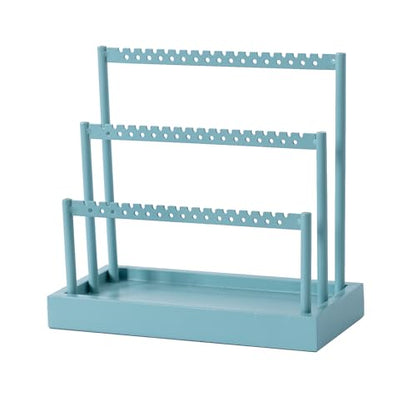 SANY DAYO HOME 3-Tier Earring Holder Organizer Stand, 105 Holes Teal Blue Metal Earring Rack Jewelry Display Tree with Wood Tray for Women and Girls - color: Teal Color Rack and Base