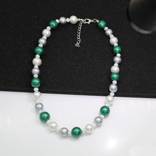 AAA+ Simulated Pearl Strand Necklace Colorful 10mm Pearls Choker Necklaces for Women 1920s Long Costume Jewelry Gift - color: emerald choker pearl