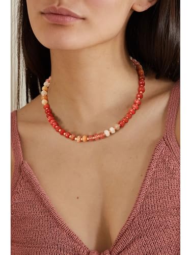 Joya Love Colorful Gemstone Beaded Necklaces For Women Trendy Rainbow Natural Stone Boho Handmade Stainless Steel Waterproof Strand Necklaces Jewelry For Women Gift - color: Red Pink