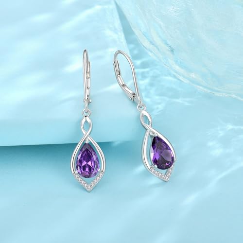 Infinity Teardrop Earrings 925 Sterling Silver Dangle Drop Leverback Earrings Birthstone Jewelry for Women - color: Purple